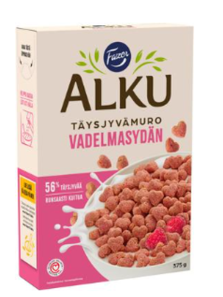 Хлопья цельнозерновые Fazer Alku Vadelmasydän täysjyvämuro 375г