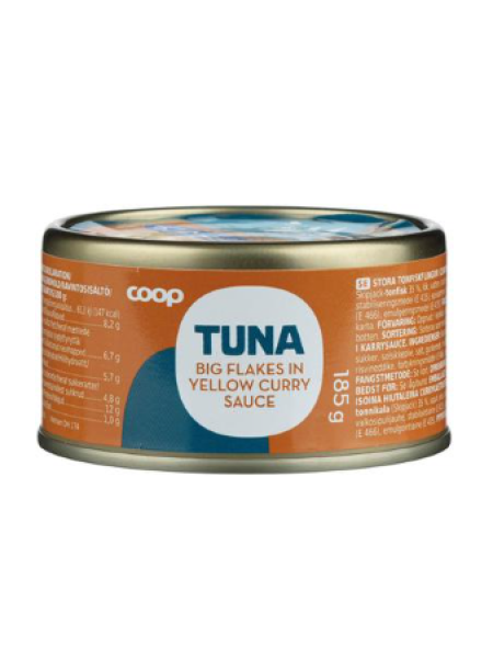 Крупные хлопья тунца в соусе карри Coop tonnikala hiutaleina currykastikkeessa MSC 185г