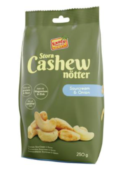 Отборный орех кешью Exotic Snacks Cashew S/O kermaviili & sipuli 250г сливочный сыр и лук
