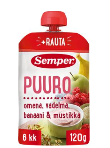 Готовая каша с ягодами Semper Puuro Omena, Vadelma, Banaani & Mustikka 120 г 6 месяцев 