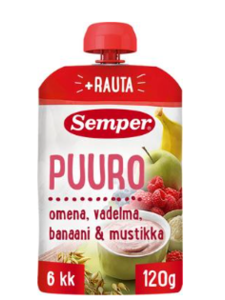 Готовая каша с ягодами Semper Puuro Omena, Vadelma, Banaani & Mustikka 120 г 6 месяцев 