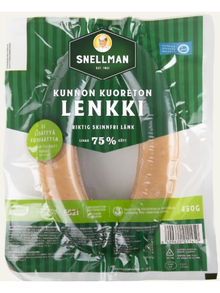 Настоящая колбаса без кожицы Snellman Kunnon kuoreton lenkki 450г 77% мяса