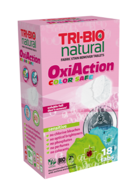 Таблетки для удаления пятен с цветного белья TRI-BIO Oxi-Action 18 шт для чувствительной кожи 