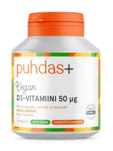 Капсулы для поддержания здоровья костной ткани и зубов PUHDAS+ KASVIPERAINEN D3-VITAMIINI 50 MKG, 60 кап