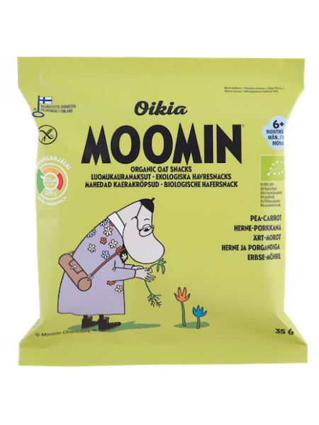 Органические овсяные хлопья Oikia Moomin Luomu Kauranaksu 35г с горохом и морковью